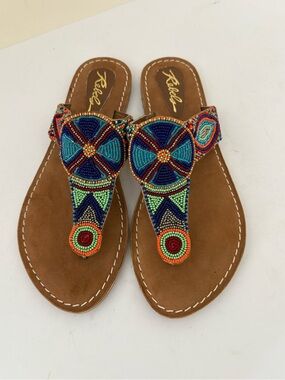 NWOT Rebels Thong Beaded Leather Sandals 7.5. Intricate multicolored beadwork.